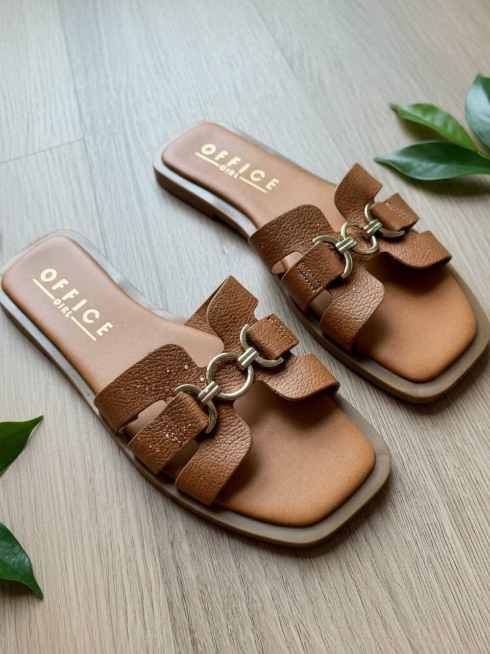 Tan Leather Slide Sandals with Gold Chain Accent
